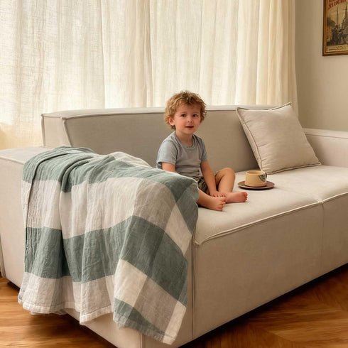 4-Layer 100% Checkered80 90" Muslin Cotton Blanket, Fluffy Breathable Soft Bed Blankets for Couch, Adults Lightweight