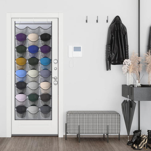Unjumbly Baseball Hat Rack - 24 Pocket Over-The-Door Organizer with Clear Deep Pockets & 3 Hooks (Grey, 24 Pockets)