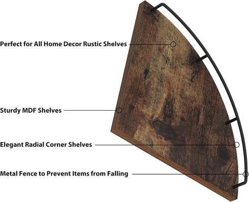 Set 3 HORLIMER Floating Corner Shelf Wall Mount, of Rustic Wood Corner Wall Shelves with Fence for Bedroom, Living