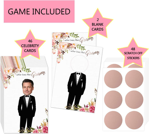 Floral Bridal Shower Games - Who Has The Groom Scratch Off Cards for 48 Guests, Rose Gold White