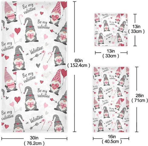 Set 3 Sets Pfrewn Cute Gnomes Hearts Pink Towels of Romantic Romantic Love Spring White Bathroom Towel Soft Absorbent