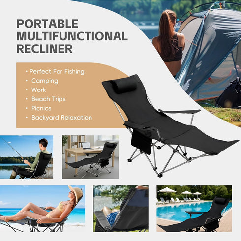 Reclining Camping Chair with Removable Footrest, Adjustable Camping Lounge Beach Chair with Padded Headrest, Cup Holder