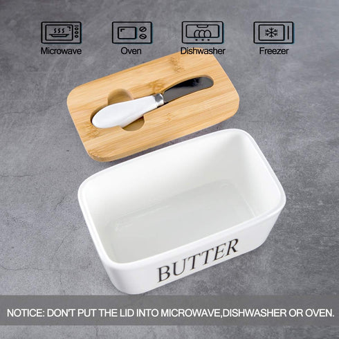 Hasense Porcelain Butter Dish, Bamboo Lid Covered Container for Countertop, Airtight Butter Keeper with Knife