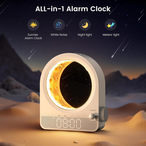 Epochleno 10 30/60/90min Snooze Sunrise Alarm Clock, White Noise Machine & Meteor Moonlight - Soothing Sounds, Dual