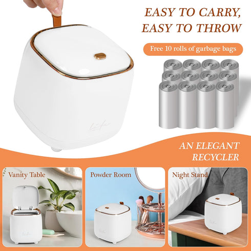 Mini Trash Can with 10 Rolls of Bags, Tiny Desktop Trash Can with Press Type Lid for Bathroom Vanity, Home Office (Dark