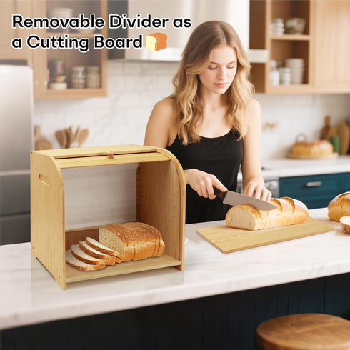 Countertop, 3 Counter, Bread Box for Kitchen Double Layer Bamboo Bread Storage Container for Homemade Bread, Roll Top