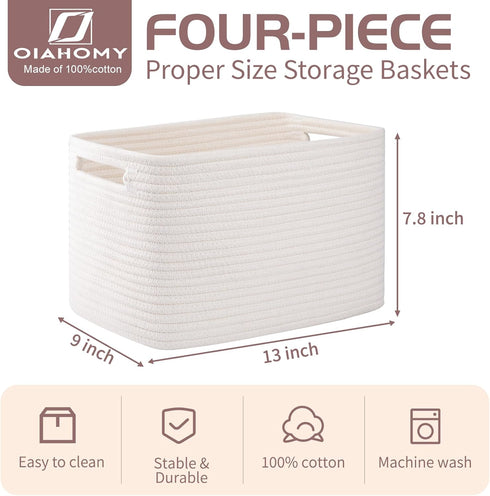 OIAHOMY 4 Pack Storage Baskets for Organizing, Woven Rectangle Baskets with Handles, 12.7''Lx9''Wx7.8''H, White