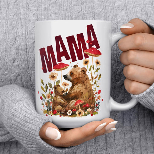 Woodland Mama Bear Ceramic Coffee Mug - Nature Forest Mom Birthday Cup, Mother's Day Gift (15oz)