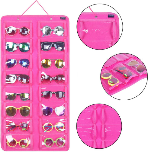 AROUY Rose Hanging Dust Proof Sunglasses Organizer - 16 Felt Slots Glasses Holder with Metal Hook and Sturdy Rope