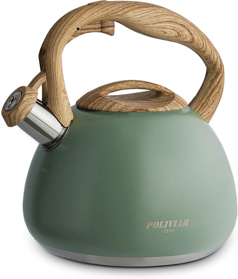 Poliviar Tea Kettle, 2.7 Quart Seaweed Green Finish with Wood Pattern Handle