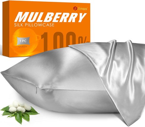 100% Mulberry Silk Pillowcase, 22 Momme Pure Natural Silk, Both Sided with Zipper, King Size (Silver Grey, 20'' 36'')
