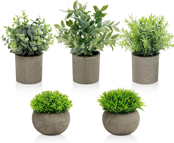 AUUGUU Artificial Potted Plants Faux Greenery in Cement Pots for Shelf, Bookshelf,