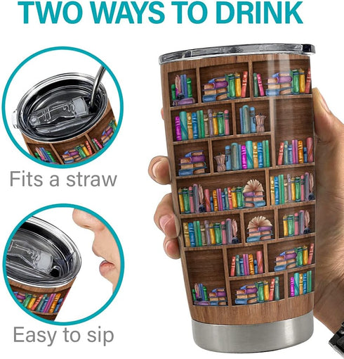 20oz SANDJEST Book Lovers Tumbler Bookshelf Tumblers with Lid Gift for Librarian Book Lover Women Readers Bookworm