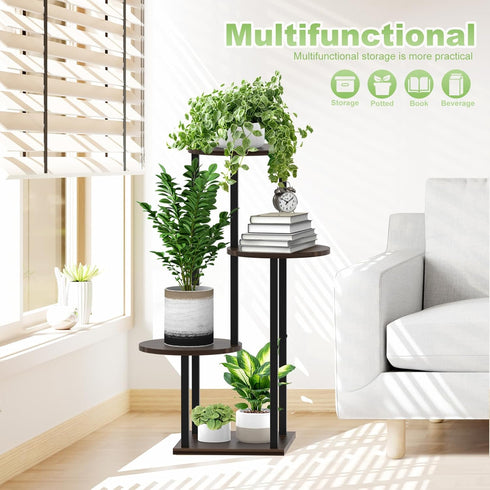 YOCOMEY 4 Tier Wood Tall Plant Stand Metal Rack Indoor, Multiple Flower Pot Holder Shelves Corner Rack, Round Planter