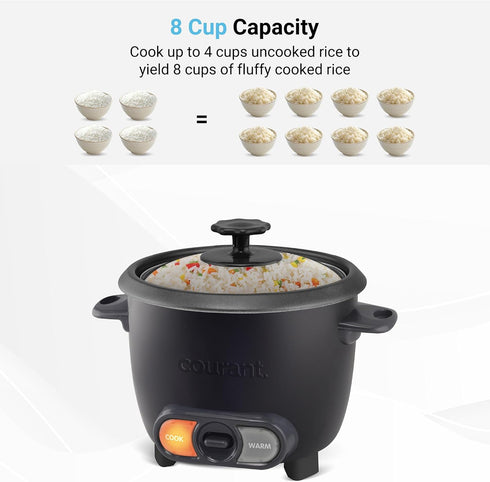 8-Cup Courant Rice Cooker (Cooked), Removable Non-Stick Bowl, One Touch Rice Cooker, Black