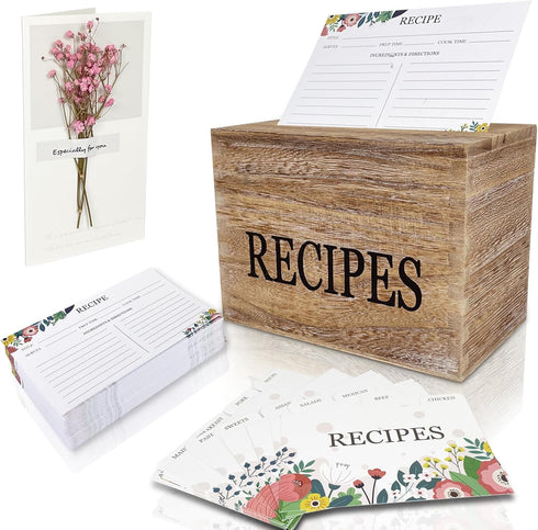 Recipe Box with 50 Recipe Cards 4x6, Rustic Wood Organizer Set for Housewarming and Weddings