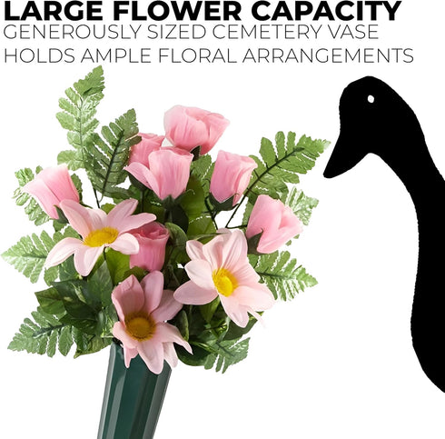 Black Duck Brand Green Plastic Cemetery Memorial Grave Flute Flower Vases, 9.75", 2 Pack