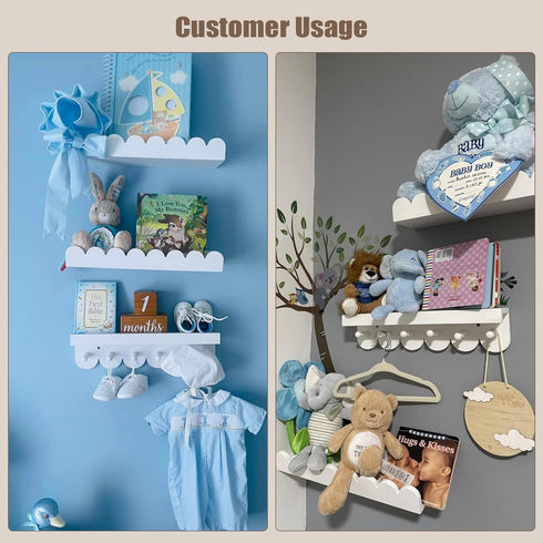 icnjdMopclean Set 3, 16 Inch Wall Book Shelves for Bedroom Kids with Hooks - Scalloped Shelves for Nursery of Nursery
