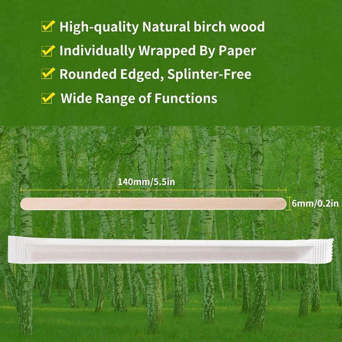 MFJUNS 200pcs 5.5" Individually Wrapped Coffee Stirrers Wood - Coffee Stir Sticks, Round End Disposable coffee stirrer