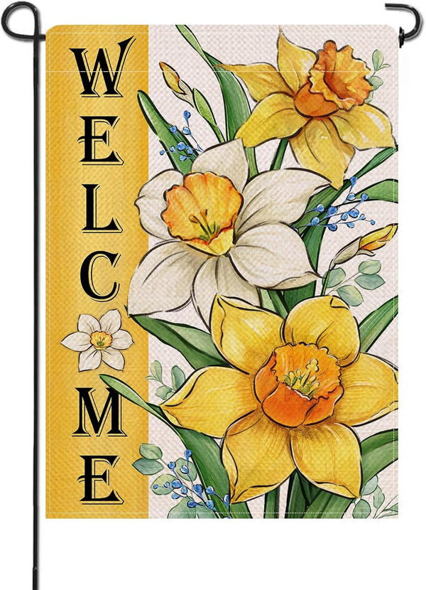 Welcome Spring Summer Floral Flower Garden Flag, Yellow Daffodil Eucalyptus Leaves Yard Decor 12 x 18