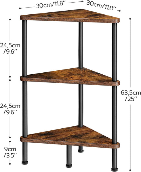 3-Tier BF30CJ01 HOOBRO Corner Shelf Stand, Industrial Corner Bookshelf with Metal Frame, Plant Display Shelf, Small