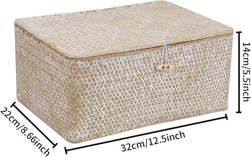 FEIALNDUO Wicker Shelf Baskets with Lid - Seagrass Storage Bins Rectangular Handwoven Basket Boxes for Home Organizer