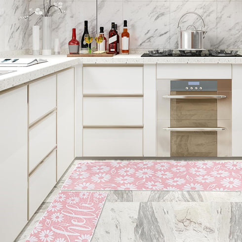 Spring Kitchen Rugs Set of 2, Pink White Daisy Flower Door Mat Non Slip Floor Rugs for Home Kitchen Room Decor