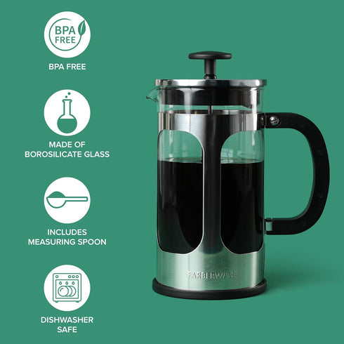 Farberware French Press Coffee Maker, Tea & Espresso Maker, Stainless Steel Cold Brew Press, Heat-Resistant Borosilicate Glass, BPA-Free, Measuring Spoon Included, 8 Cup Capacity (Stainless) by Farberware