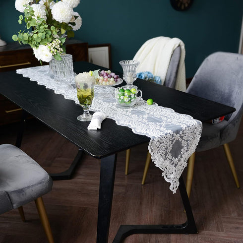 12"108") SUTAVIA Lace Patio Table Runner Embroidered Dresser Scarf Classic Rectangular Macrame Tablerunner for Kitchen