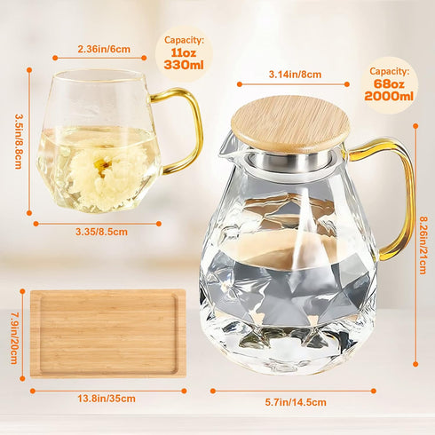 Set (68 oz) 4 1 DUJUST Glass Pitcher with Cups & Tray, Elegant Diamond Design Water Pitcher with Handle, High