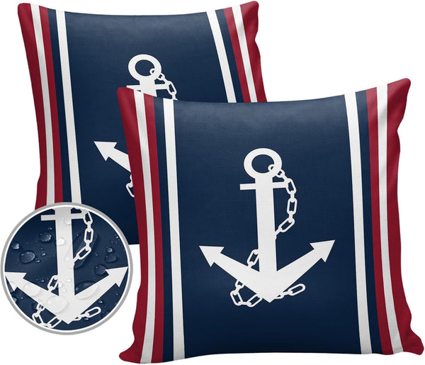 Waterproof Pillow Covers for Couch, Set of 2 Throw Pillow Cases, Nautical White Anchor Navy Blue Red Decorative Cushion