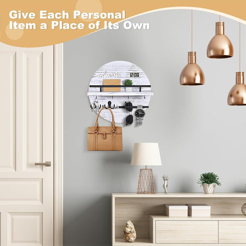 Key Holder for Wall, Round Wooden Rustic Organizer for Entryway, Mudroom, Hallway, Kitchen, Pale White