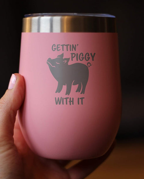 Bevvee Gettin Piggy Wine Tumbler Glass, Stainless Steel Insulated Mug with Sliding Lid, Cute Pig Decor Gifts (Pink)