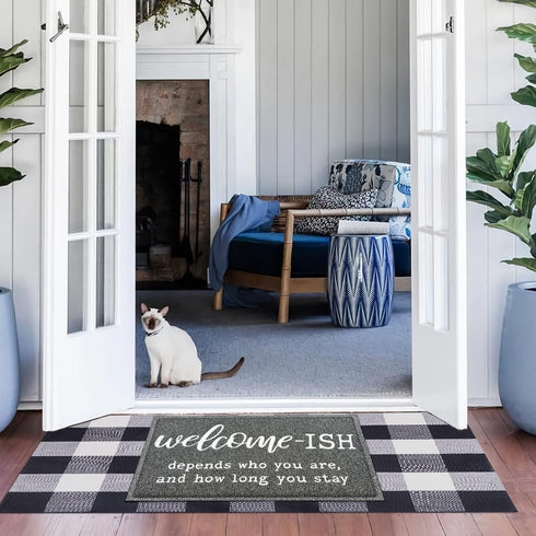 Welcome Mats for Front Door, "Ish Depends Who You Are" Doormat, Anti-Slip Rubber Mat for Indoor & Outdoor