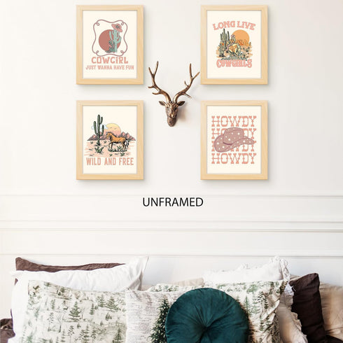 PUHEI Set 4,Nursery 8 10 Retro Western Howdy Cowgirl Wall Art Prints of Decor Girl, Western Room Decor For Teen Girls