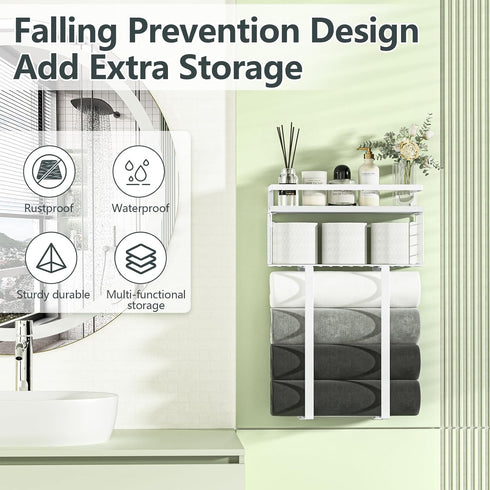 Towel Racks for Bathroom, Floating Shelves with Towel Rack and Paper Holder, Over Toilet Storage Basket, White