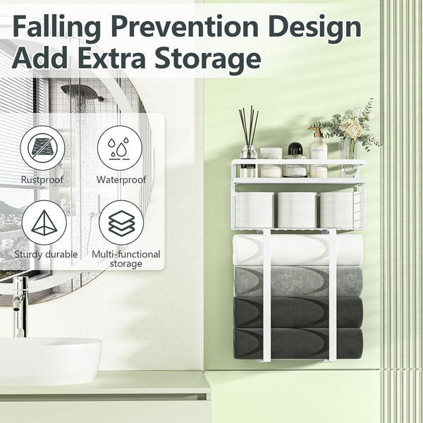 Towel Racks for Bathroom, Floating Shelves with Towel Rack and Paper Holder, Over Toilet Storage Basket, White