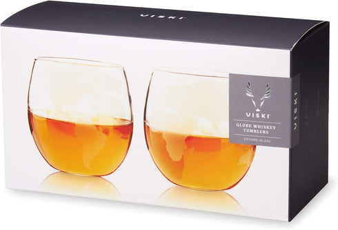 Set of 2 Viski Globe Glass Whiskey Tumblers, 10 oz, Etched Glass Whiskey Enthusiast Gift and Glassware Accessory
