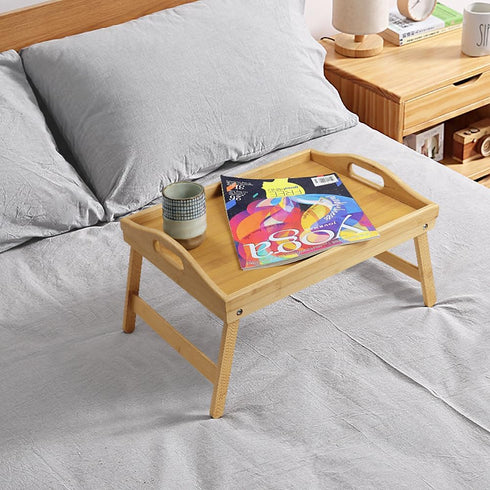 WKWKER Set 2 (Set 2) Bamboo Bed Tray Table with Folding Legs of Foldable Breakfast Tray Portable Serving Table Laptop