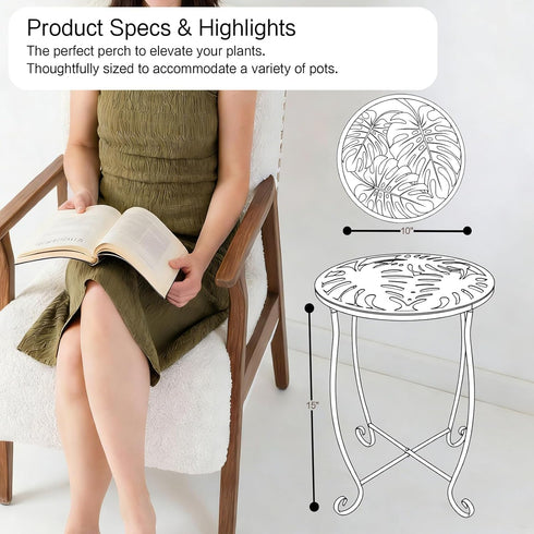 Kaesithar 2 Pack, 15" Outdoor Side Tables Height Tool-Free Metal Patio End Table with Monstera Pattern, Compact Space