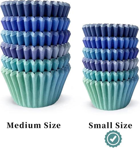 qiqee 300 Pcs Mini Gradient Cupcake Liners, 6 Designs Blue Gradient Baking Cups, Small Size Cupcake Wrappers