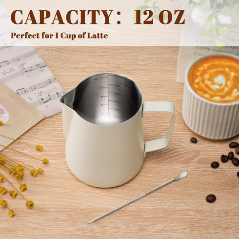 12oz Milk Frothing Pitcher, 304 Stainless Steel Cup with Clear Scale for Cappuccino Espresso Machine Accessories