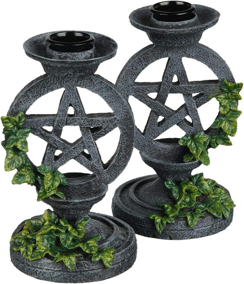 Nemesis Now Gothic Witchcraft Ivy Pentagram Candlesticks, 13.4cm, Hand-Painted Resin Aged Occult Candle Holders, Set of