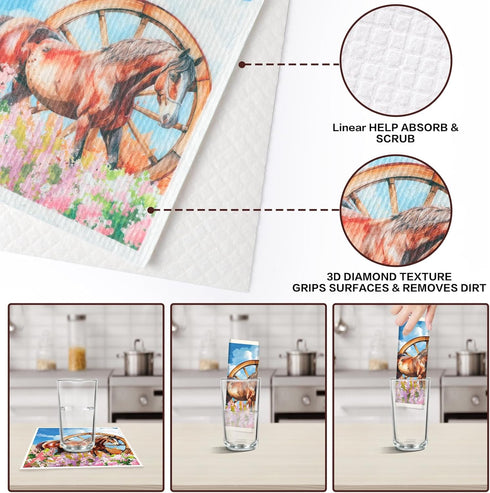 6 Pack Countertop Horses Swedish Dishcloths for Kitchen, Farmhouse Absorbent Dish Cloths for Washing Dishes, Reusable