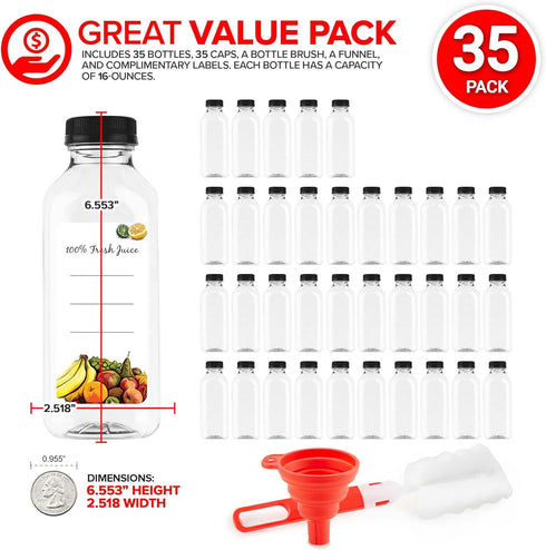 16 16 oz (35 Pack) Juice Bottles with Caps for Juicing & Smoothies, Reusable Clear Empty Plastic Bottles with Caps