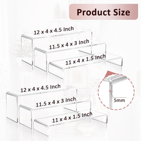 2 Set 3 12" 5mm Large Acrylic Clear Display Risers, Sizes Rectangular Showcase Collectibles Display Shelf, Thick