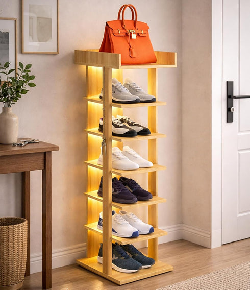 Generic 6 Tier Wooden Freestanding Shoe Rack with LED Ambient Lighting, Slim Narrow
