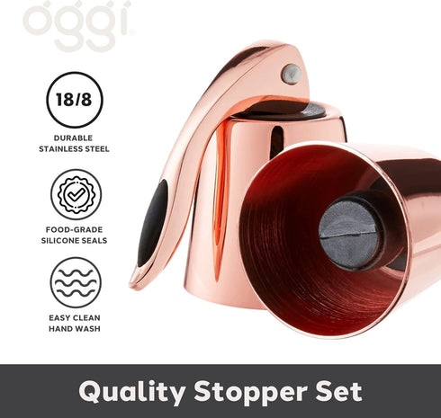 OGGI Copper Plated Bottle Stopper Set of 2 - Stylish Wine Saver Stoppers with Airtight Levers