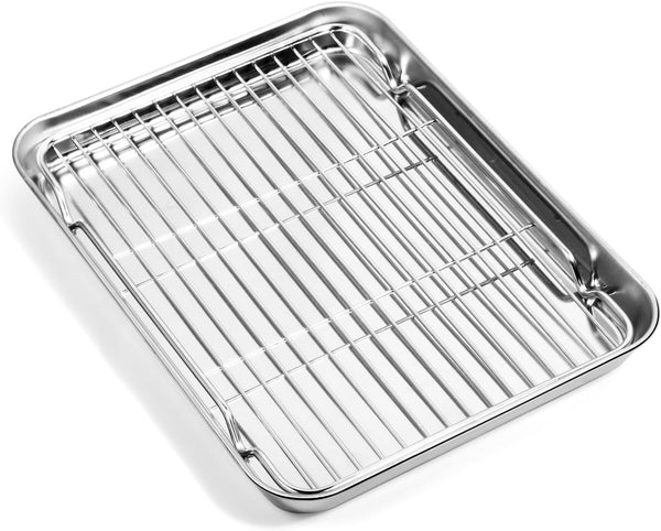 Baking Sheet with Cooling Rack, 1 Cookie Sheet + 1 Baking Rack, Stainless Steel Small Baking Sheet Pan, 10.4 x 8 x 1