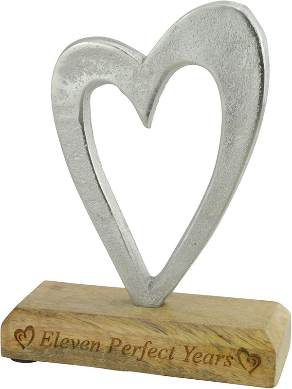 Eleven Perfect Years Rustic Metal Heart Decoration for 11th Anniversary – Free Standing Aluminium & Wooden (hssperf-11)